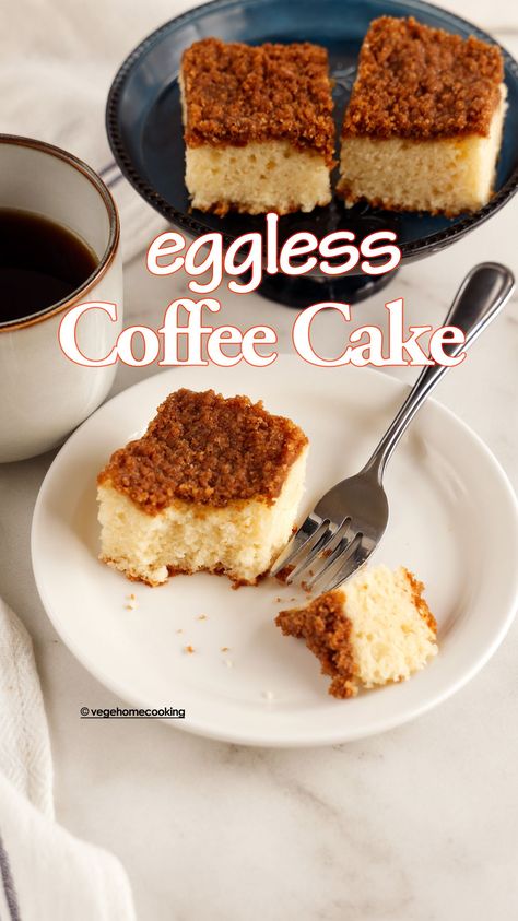 This Eggless Coffee Cake is delicious, buttery, and melt-in-the-mouth, with crisp and crunchy streusel topping! It is soft, moist, tender, and with a sugar crunch on the top, perfect for breakfast. Eggless Coffee Cake, Egg Allergy Recipes, Cofee Cake, Egg Free Desserts, Loaf Cake Recipes, Tea Cakes Recipes, Eggless Cake Recipe, Eggless Desserts, Eggless Recipes