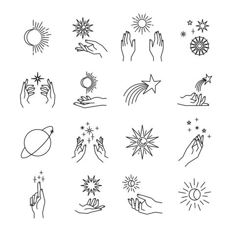 Aesthetic hands and cosmic and celestial elements. Universal cosmos related icons. Linear vector illustrations. Magic and Witchcraft symbology. Magic Icons Aesthetic, Celestial Aesthetic Art, Celestial Drawings, Cosmic Illustrations, Celestial Icons, Psychic Art, Spiritual Icons, Celestial Illustration, Purple Goddess