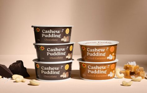 Caramel Packaging Design, Pudding Packaging, Caramel Cashew, Cashew Pudding, Salted Caramel Rice Pudding, Cashew Sweet Cream, Cashew Pudding Vegan, Dessert Packaging Design, Caramel Pudding