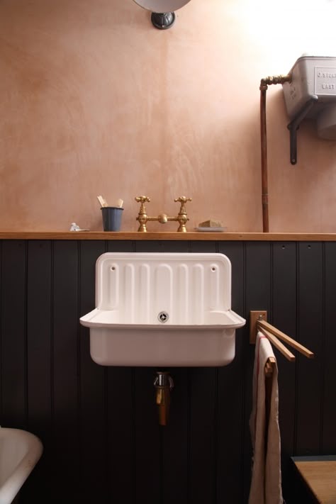 Bathroom of the Week: A Vintage-Inspired Bath in London (Made with Salvaged Materials) - Remodelista Alape Bucket Sink, Black Wainscoting, Victorian Apartment, Bucket Sink, Vintage Sink, White Kitchen Sink, Downstairs Loo, Downstairs Bathroom, Basement Bathroom