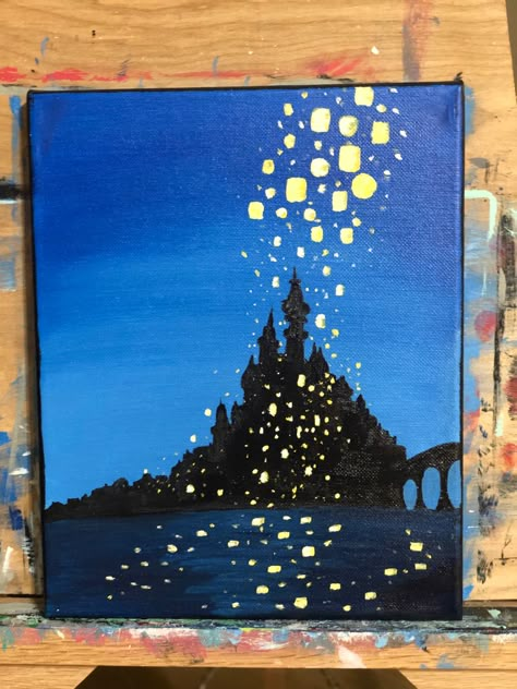 Nature Themed Paintings, Painting On Medium Canvas, Stekchbook Drawings, Tangled Paintings Easy, Tangled Painting Ideas Easy, Disney Inspired Paintings, Cartoon Collage Painting, Disney Themed Paintings, Tangled Painting Ideas