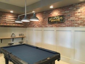 Cute basement billiard room with wainscoting and a brick wall! Cute Basement, Basement Guest Rooms, Pool Table Room, Basement Living Rooms, Basement Windows, A Brick Wall, Small Basements, Basement Makeover, Basement Walls