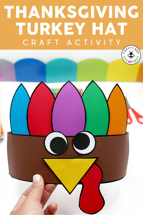 Use this Turkey Hat Craft to celebrate Thanksgiving and all of the November festivities this fall! Print it on cardstock or colored construction paper to make the day festive and fun. Kids in preschool, kindergarten, first grade, and beyond will love parading this fun hat around the classroom. Write what students are thankful for on the feathers or add it to fine motor centers to cut and paste practice. Preschool Turkey Headband Crafts, 1st Grade Turkey Craft, Thanksgiving Craft Kindergarten Easy, Thankful For Crafts Preschool, Fall Headband Craft Preschool, Thanksgiving Day Headband, Thanksgiving Crafts With Construction Paper, Turkey Crafts Kindergarten, Foam Turkey Craft