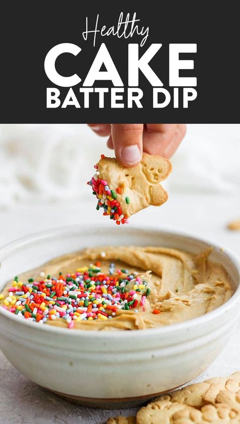 This funfetti cake batter dip is a sweet treat that is not only delicious but healthy! It's made with garbanzo beans, maple syrup, cashew butter, and vanilla. It tastes exactly like cake batter! Healthy Funfetti Dip, Edible Cake Batter, Prep Desserts, Edible Desserts, Funfetti Cake Batter Dip, Fiber Meals, Cleansing Recipes, Cookie Dough Dip Recipe, Chickpea Recipes Easy