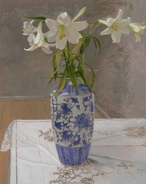 tall white lilies in a vase standing on a patterned tablecloth. Canvas Art Painting Acrylic, Lily Vases, Still Life Artists, Oil Painting Inspiration, Still Life Flowers, Flower Painting Canvas, Blue And White Vase, White Lilies, Still Life Art