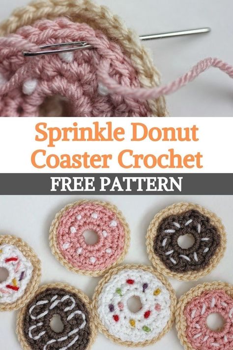 Crochet Patterns Trinket Dish, Crochet Donut Coasters Free Pattern, Crocheted Coffee Cup Coasters, Crochet Donut Coasters, Crochet Coasters Funny, Cute Coaster Crochet Pattern Free, Crochet Drink Coasters Free Pattern, Crochet Cookie Coaster, Crochet Food Set