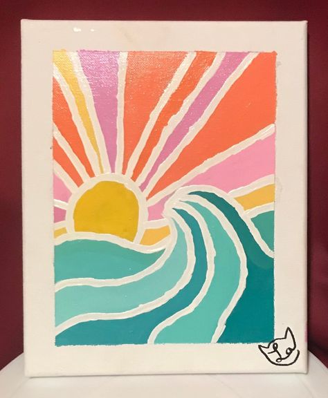 "This is a 8\" x 10\" Painting done with acrylic paint of a sunset over the ocean." Preppy Acrylic Painting Ideas, Stuff To Paint With Watercolor, Ocean Paintings Acrylic, Cute Ocean Painting, Things To Paint Beginners, Beach Theme Painting Ideas, Surfboard Backdrop, Acrylic Painting Ideas Easy Simple, Diy Beach Painting