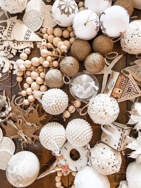 Gold White Wood Christmas Tree, Neutral White Christmas Tree, Wood Theme Christmas Tree, White Gold And Wood Christmas Tree, White And Brown Ornaments Christmas Tree, Boho Christmas Tree Bohemian Ornaments, Nordic Christmas Decorations Tree, Small Boho Christmas Tree, White Boho Christmas Decor