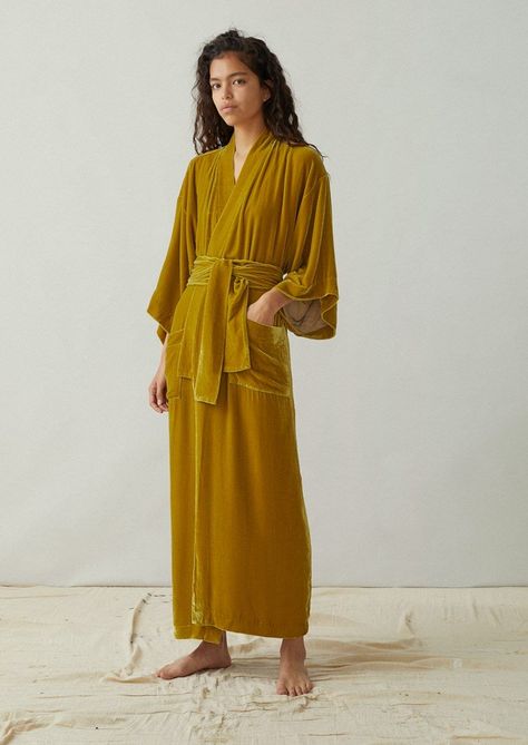 Toast Silk Velvet gown in mustard yellow Silk Robe Dress, Velvet Dressing Gown, Dressing Gown Robe, Velvet Gown, Printed Gowns, Ladies Gown, Gold Silk, Women Nightwear, Gowns With Sleeves