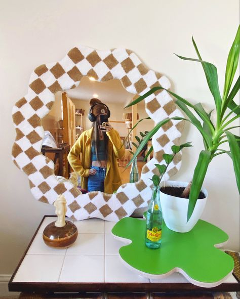 Tufted checkered mirror Checkered Mirror, Tufted Mirror, Colorful Mirror, Black And White Pattern, Mirror Frame, Mirror Frames, White Patterns, Background Patterns, Mirror Table