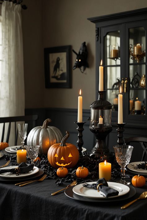 Create a hauntingly beautiful atmosphere this Halloween with decor that effortlessly blends eerie and elegance. Transform your space with pieces that both spook and sparkle, making it a night to remember. #HalloweenDecor #ElegantHalloween #SpookySophistication #HalloweenStyle #HauntedElegance Bougie Halloween Party, Vintage Halloween Tablescape, Luxury Halloween Decor, Halloween Buffet Table Decor, Upscale Halloween Decor, Halloween Dining Table Decor, Halloween Buffet Table, Classy Halloween Party, Elegant Halloween Party