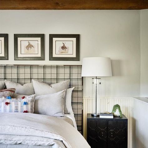 Duet Design Group on Instagram: "A layered oasis. Who wouldn't want a plaid headboard? // Project: All Saints Photo: @davidpatterson Bed: @vanguardfurniture Bedding: @pompomathome Pillows: @sundancecatalog Ottoman Upholstery: @rosemaryhallgarten #duetdesigngroup #bedding #bedroomdecor #denverbedroom #denverinteriordesign #denverinteriordesigner #beddecor #plaidheadboard" Plaid Headboard Bedroom, Plaid Upholstered Headboard, Plaid Headboard, English Country House Interior, Headboard Projects, Tartan Bedding, Ottoman Upholstery, Upholstery Bed, Country House Interior