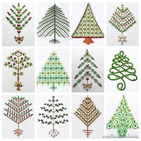 Twelve (Embroidered) Trees for Christmas! – NeedlenThread.com Christmas Tree Embroidery Pattern, Embroidered Christmas Trees, Stitch Decorations, Embroidered Trees, Trees For Christmas, Happy Stitch, Christmas Tree Designs, Easy Decorations, Embroidered Christmas Tree