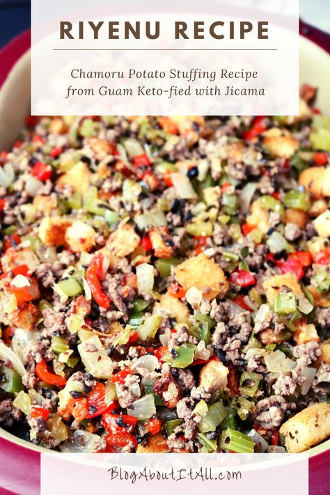 Guam Food Recipes, Banquet Meals, Guam Recipes, Potato Stuffing, Banquet Food, Chamorro Recipes, Stuffing Recipes, Family Food, Island Life