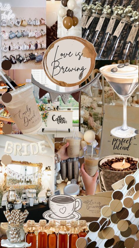 Love is brewing bridal shower theme Coffee Bar Bachelorette Party, Wedding Shower Coffee Bar, Coffee Themed Cake Pops, Coffee Bar Ideas For Bridal Brunch, Cozy Bridal Shower Theme, Love Is Brewing Shower Ideas, Brown Bachelorette Theme, Let Love Brew Bridal Shower Theme, Love Is Brewing Bridal Shower Theme