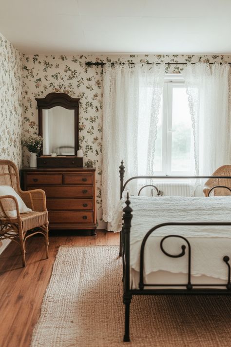 Get an old-school vintage farmhouse bedroom look with these tips and ideas. Farmhouse Bedroom With Wallpaper, Antique Boho Bedroom, Jenny Lind Bedroom, Old Bedroom Vintage, Country Bed, Vintage Farmhouse Bedroom, Enchanting Places, Cottage Aesthetic, Rustic Bathroom Designs