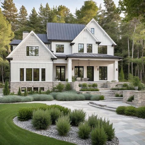 Modern Farmhouse Exterior Colors Exterior Rambler House Colors, White Stucco Farmhouse Exterior, House Exterior Colors Schemes White Windows, Farmhouse Exterior Backyard, House Idea Exterior, Country Ranch House Exterior, Modern Farmhouse White Paint Colors, Two Tone Board And Batten Exterior, Greige Farmhouse Exterior