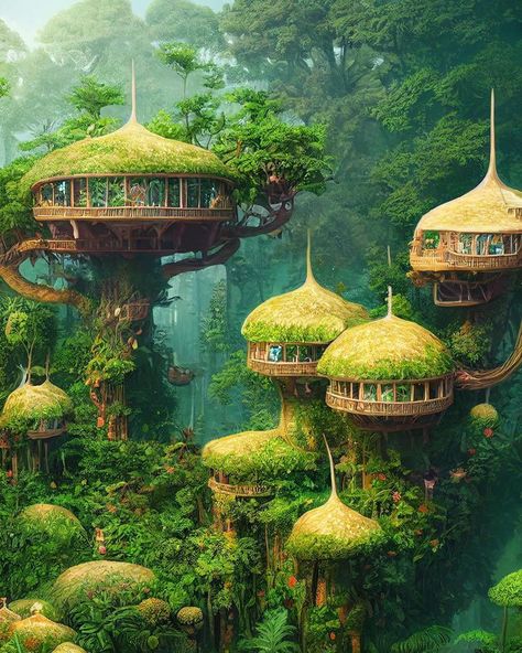 Beautiful Tree Houses, Fantasy Architecture, Cool Tree Houses, Fantasy Homes, Fantasy Forest, Fantasy House, Fantasy City, Fantasy Story, Fantasy Places