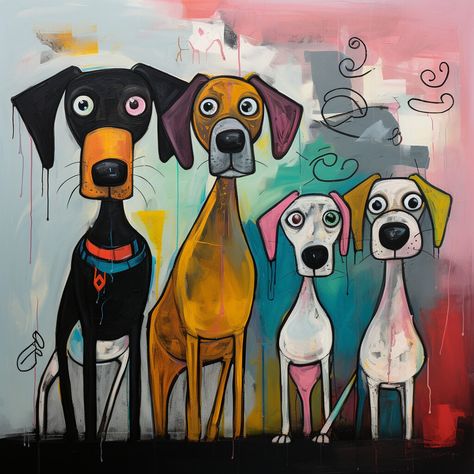 Abstract Dog Art Painting, Cartoon Dog Portrait, Whimsical Dogs Art, Dogs Illustration Art, Funny Dog Paintings, Funny Dog Drawings, Happy Dog Drawing, Acrylic Art Ideas, Funny Dog Art