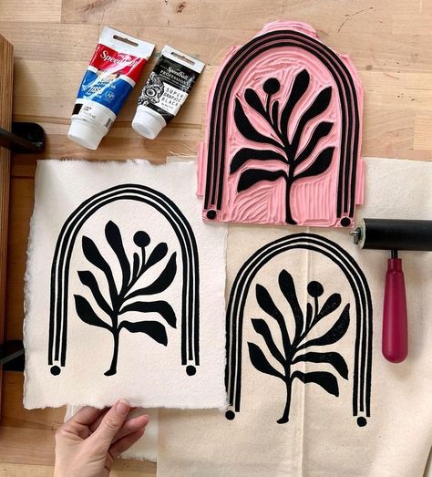 Mindy Schumacher (@follysomeprints) • Instagram photos and videos Leaves Block Print, Block Printed Wall, Block Print Designs Free Pattern, Block Printing Tea Towels, Block Printing On Clothes, Block Print Flowers, Easy Block Printing Ideas, Simple Linocut Designs, Block Print Ideas