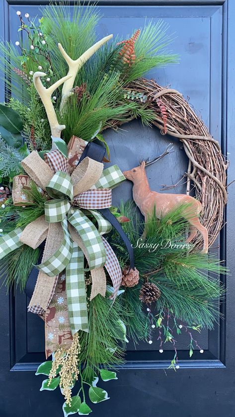 Deer Antler Wreath, Hunting Wreath, Cabin Wreath, Deer Wreath, Antler Wreath, Antler Ideas, Woodland Wreath, Woodland Deer, Country Christmas Decorations