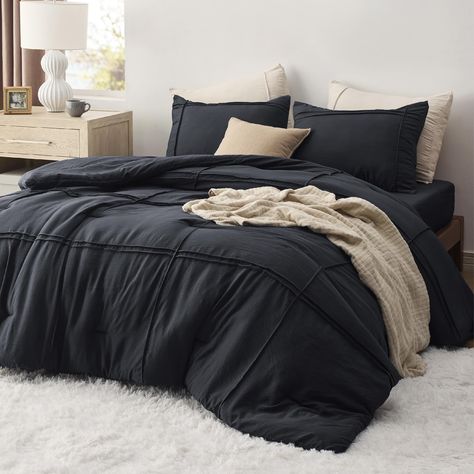 PRICES MAY VARY. Elegant Home Decor: This comforter set combines the exquisite pinch pleat design with a grid pattern, bringing a touch of sophisticated style to any sleeping space. It is a perfect gift for your loved ones or just to show you care. Premium Filling: Featuring Bedsure's thoroughly tested microfiber filling blend, this down alternative comforter maintains the perfect balance between weight and warmth, creating a cloud-like sleeping space all year round. Extra Soft: The prewashed mi Black Bed Comforters, Black And Brown Bedding, Black Duvet Cover Bedroom, Black Comforter Bedroom, Fluffy Bed Set, Black Bedding Sets, Fluffy Bed, Black Bed Set, Full Comforter Sets