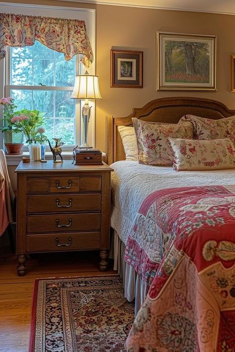 Bedroom At Grandmas House, Room Cotton Design, Old Farmhouse Interior Bedroom, Craftsman Bedroom Aesthetic, Bedroom Decor Wooden Bed, Antique And Modern Mix Decor Bedroom, Granny Style Decor, Granny House Aesthetic, Grannycore Bedroom