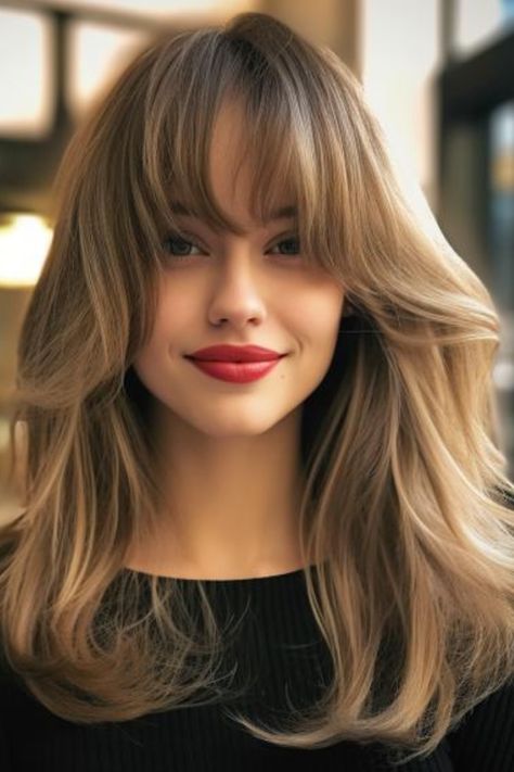 The long layers with side-swept bangs style of lock is also great for square-faced women. These long layers create movement and dimension, while side-swept bangs nicely shape your face. Click here to check out more flattering haircuts for square faces for a more feminine look. Short Hair On Square Face Shape, Long Hairstyles Square Face, Curtain Bangs Square Face Shape, Long Haircut For Square Face, Haircut For Square Face Shape For Women, Bangs For Square Face Shape, Curtain Bangs Square Face, Bangs Square Face, Best Haircut For Square Face Shape