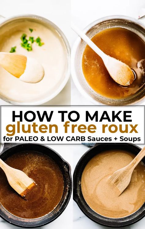 Gluten free roux is so easy to make! I'll show you 3 ways to make a gluten free and/or grain-free roux, using paleo and keto-friendly ingredients. Plus a no cook Corn-Free, Gluten-Free  Slurry. You can use these roux recipes to make a classic white sauce (gluten free, and dairy free), to make low carb sauces, thicken soups, gravies, and more! #ketosauces #roux #paleo #lowcarb Gluten Free Roux, Cotter Crunch, Roux Recipe, How To Thicken Soup, Keto Sauces, No Cook, Boiled Egg Diet Plan, Low Carb Sauces, Keto Vegan