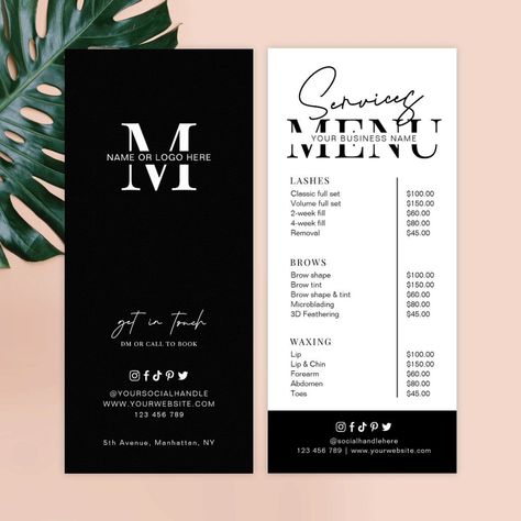 Minimalist Script Black White Salon Services Menu turbologo #graphicdesignlove #logotip☕. Salon Services Menu Ideas, Black White Salon, Black And White Salon, White Salon, Beauty Room Salon, Price List Design, Salon Price List, Esthetics Room, Spa Menu