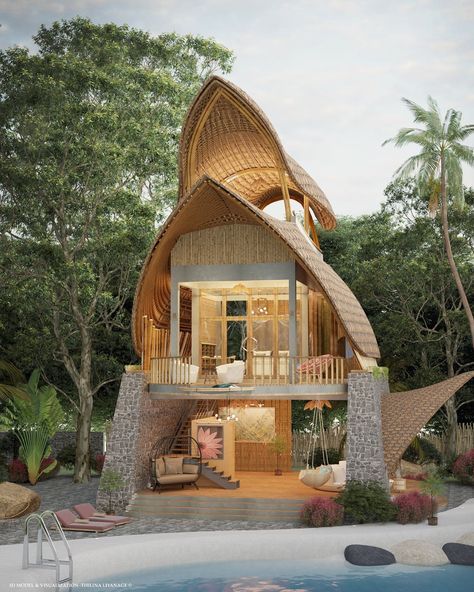 Bamboo House Bali, Bamboo Houses, Bamboo Building, Hut House, Tree House Plans, Bamboo House Design, Rock House, Resort Architecture, Bamboo Architecture