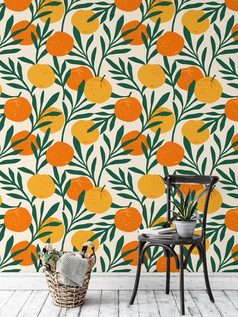 Flat Art Oranges Pattern Illustration Wallpaper, Lively Green Leaves with Citrus Peel & Stick Wall Mural Wall Clings, Wall Mural Decals, Orange Wallpaper, Yellow Wallpaper, Orange Pattern, High Quality Wallpapers, Old Wallpaper, Wallpaper Paste, Pattern Illustration