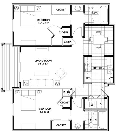 2 Bed 2 Bath Floor Plan Apartment, 2bedroom Apartment Floor Plans, 2 Bedroom 2 Bath Apartment Plans, Small Apartment Floor Plans 2 Bedroom, 2 Bed Apartment Floor Plan, Apartment Basics, Floorplan Apartment, 2 Bedroom Apartment Layout, Nyc Apartment Floor Plans