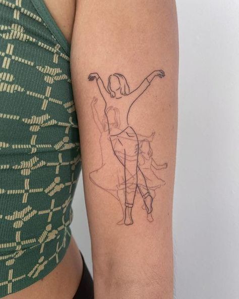 Self Transformation Tattoo, People Outline Tattoo, Woman Dancing Tattoo, Growing Up Tattoo, Upper Sleeve Tattoo, Dance Tattoo Ideas, Dance Tattoos, Ballet Tattoos, Tattoos Woman