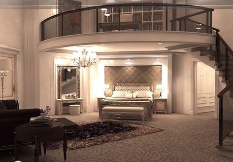 Luxurious Master Bedrooms Mansions, Master Suite With Loft, Upstairs Balcony Ideas Master Suite, Grand Bedroom Master Suite, Oversized Master Suite, Two Story Master Suite, Two Story Closet Master Suite, 2 Story Closet Master Suite, Mezzanine Bedroom Master Suite