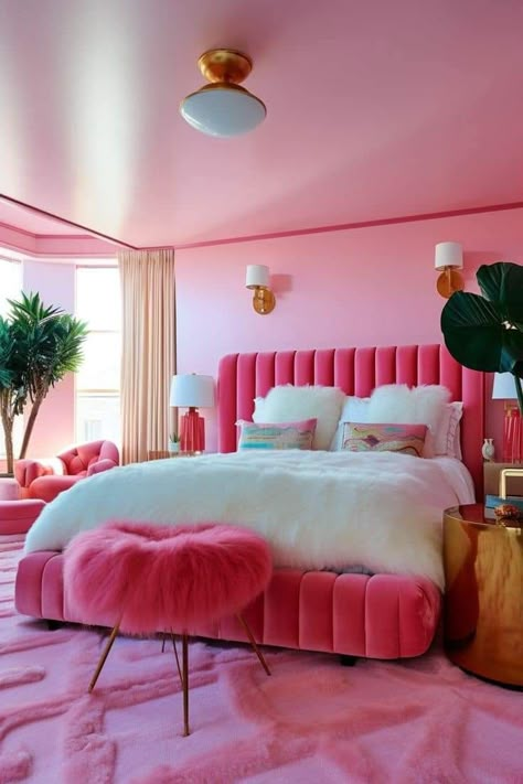 Barbie Pink Interior Design, Ideas For Room Colors, Hot Pink Bedroom Ideas For Adults, Small Colourful Bedroom Ideas, 70s Pink Bedroom, Hot Pink Bed Frame, Barbiecore Living Room, Hot Pink Furniture Bedroom, Funky Room Ideas Bedrooms