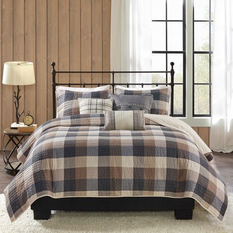 Rustic Boys Bedrooms, Buffalo Plaid Bedding, Plaid Bedroom, Rustic Bedding Sets, Future Bedroom Ideas, Cozy Lodge, Plaid Comforter, Herringbone Quilt, Plaid Bedding