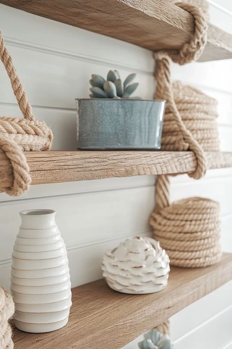 "Elevate your decor with DIY Rope Shelving for a Coastal Vibe! 🛠️🌊 Perfect for blending functionality with seaside charm. 🌟✨ #CoastalLiving #DIYFurniture #RopeInspo" Coastal Bathroom Shelves, Surf Style Decor, Farmhouse Coastal Decor, Creative Bookshelves, Modern Coastal Home, Condo Decor, Coastal Interior, Color Boards, Condo Decorating