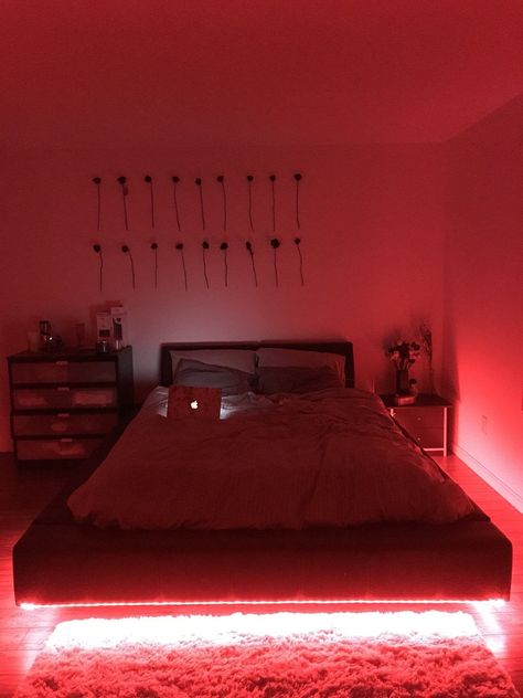 37 Fresh Room Ideas Led Lights Design Hipster Bedroom Decor, Red Room Decor, Red Bedroom Decor, Bed Aesthetic, Neon Bedroom, Led Lighting Bedroom, Chill Room, Neon Room, Red Lights