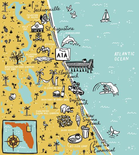 Brainstorm Illustration, Illustrated Maps, Flagler Beach, Vacation Locations, New Smyrna Beach, Landmark Hotel, Old Florida, Park Photos, Illustrated Map