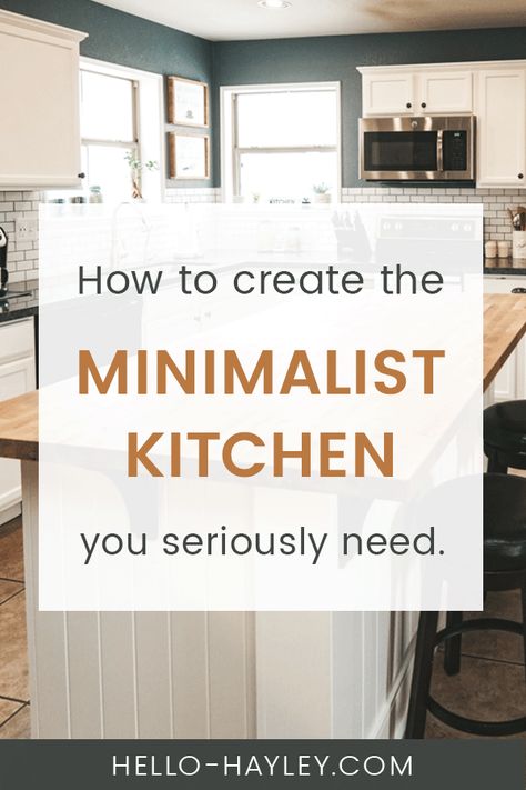 Learn how to create the minimalist kitchen you seriously need. I've created a simple list for small and large kitchens a like to create a more minimalist feel. Learn how to manage your kitchen with the essentials and ramp up your organization. I'm sharing the decor you don't need on your countertops and how to make your farmhouse or modern kitchen a bit more beautiful. #minimalist #minimalism #kitchen #organization Farmhouse Kitchen Countertops Decor, Simple Minimalist Kitchen, Small Apartment Kitchen Storage Ideas, Above Kitchen Cabinets Ideas, How To Decorate Kitchen Counters, Minimalist Kitchen Counters, Decorating Above Kitchen Cabinets Ideas, Minimalist Kitchen Ideas, Minimal Kitchen Decor