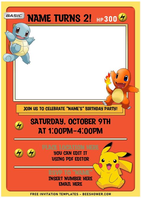 (Free Editable PDF) Lovely Pokémon Card Themed Birthday Invitation Templates | Beeshower Pokemon Snack Bar Free Printables, Pokemon Photo Booth Frame, Free Printable Pokemon Invitations, Pokemon Birthday Cards Diy, Pokemon Invitations Template Free, Pokemon 30th Birthday, Pokemon Birthday Invites Free Printable, Pikachu Invitations Birthday, Charizard Birthday Party