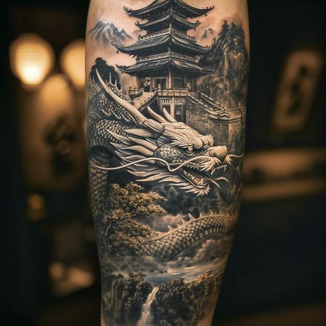 Unique Dragon Tattoo, Dragon Tattoo Leg, Samurai Tattoo Sleeve, Jungle Tattoo, Asian Dragon Tattoo, Dragon Tattoo Ideas, Tattoo Japanese Style, Lion Tattoo Sleeves, Realistic Tattoo Sleeve