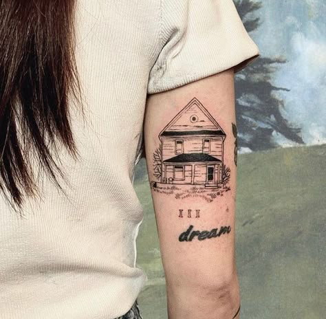 Hoist The Colors Tattoo, Victorian Home Tattoo, Abandoned House Tattoo, Houses Tattoo, Barn Tattoo, Hemlock Tattoo, Porch Tattoo, Antique Tattoo Ideas, Nebraska Tattoo