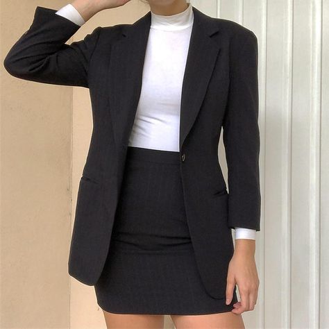 Suit Attire For Women, Business Attire Skirt Blazers, Black Business Skirt Outfits, Black Office Attire Women, Suit With Skirt Aesthetic, Hot Lawyer Outfits, Women’s Skirt Suit, Black Suit Coat Outfit Women, Womens Skirt Suits Business