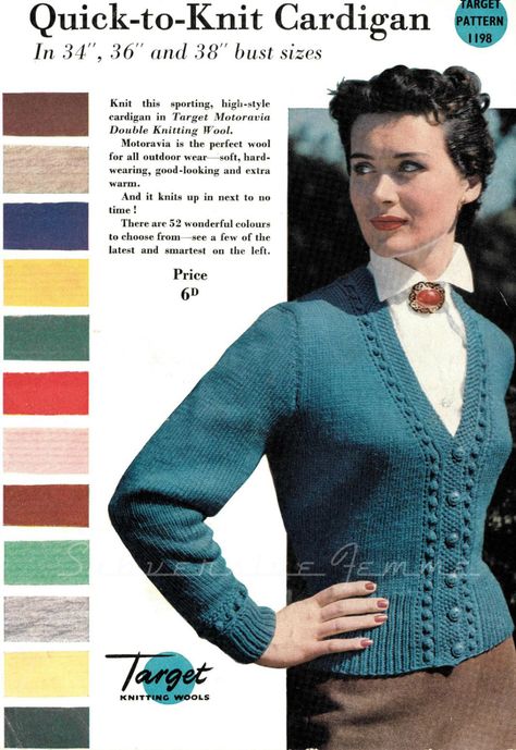 Vintage Cardigan Pattern, Knit Cardigan Pattern, Shade Card, Vintage Knitwear, Vintage Knitting Patterns, Patterned Cardigans, Knitting Wool, Pdf Knitting Pattern, Vintage Cardigan