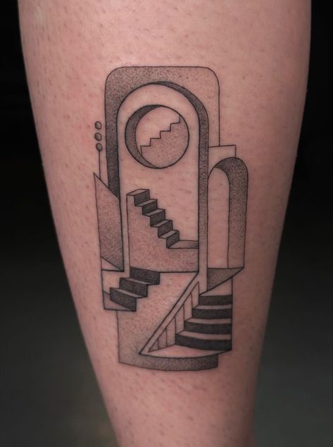 Geometric portal and staircase tattoo - fine line style Staircase Tattoo Ideas, Portal Stairs Tattoo, Spiral Staircase Tattoo Design, Tattoo Stairs, Open Door Tattoo, Stairway Tattoo, Traditional Portal Tattoo, Portal Tattoos, Staircase Tattoo