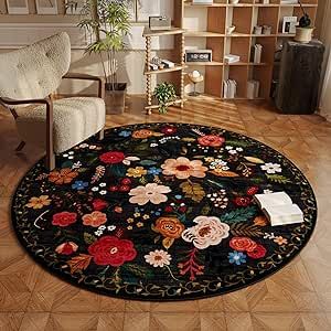 Rugcomf Round Rug 6ft Washable Circle Rug Non Slip Low Pile Boho Floral Small Circular Rug for Bedroom, Bathroom, Entryway, Kids Room, Office, College Dorm(Black) Circular Rugs, Chic Rug, Boho Area Rug, Living Room Area Rugs, Black Area Rugs, 8x10 Area Rugs, Small Area Rugs, Floral Vintage, Machine Washable Rugs