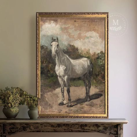 Beautiful White Horse, Gold Framed Art, French Country Art, Moody Colors, Antique Wall Decor, Vintage Inspired Art, Equestrian Decor, Equestrian Art, Horse Wall Art