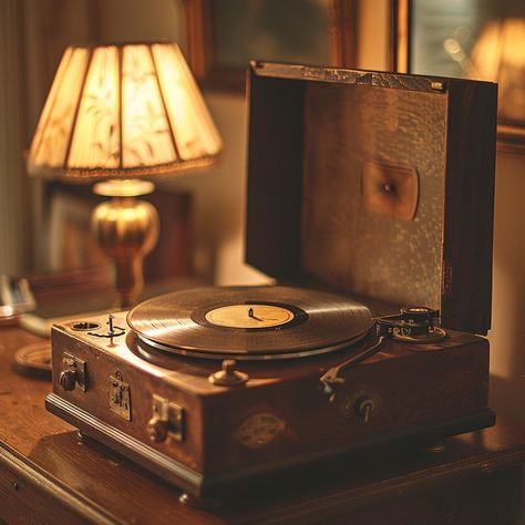 "Vintage Record Player: A #classic #vintage #recordplayer rests on a #wooden table, illuminated by #warm #ambient #lighting. #music #turntable #aiart #aiphoto #stockcake ⬇️ Download and 📝 Prompt 👉 https://stockcake.com/i/vintage-record-player_817618_798555" Christmas Records Aesthetic, 1920s Radio Aesthetic, Victrola Record Player Aesthetic, Old Record Player Aesthetic, Vintage Decor Aesthetic, Vintage Record Player Aesthetic, Warm Vintage Aesthetic, Aesthetic Record Player, Vintage Antique Aesthetic